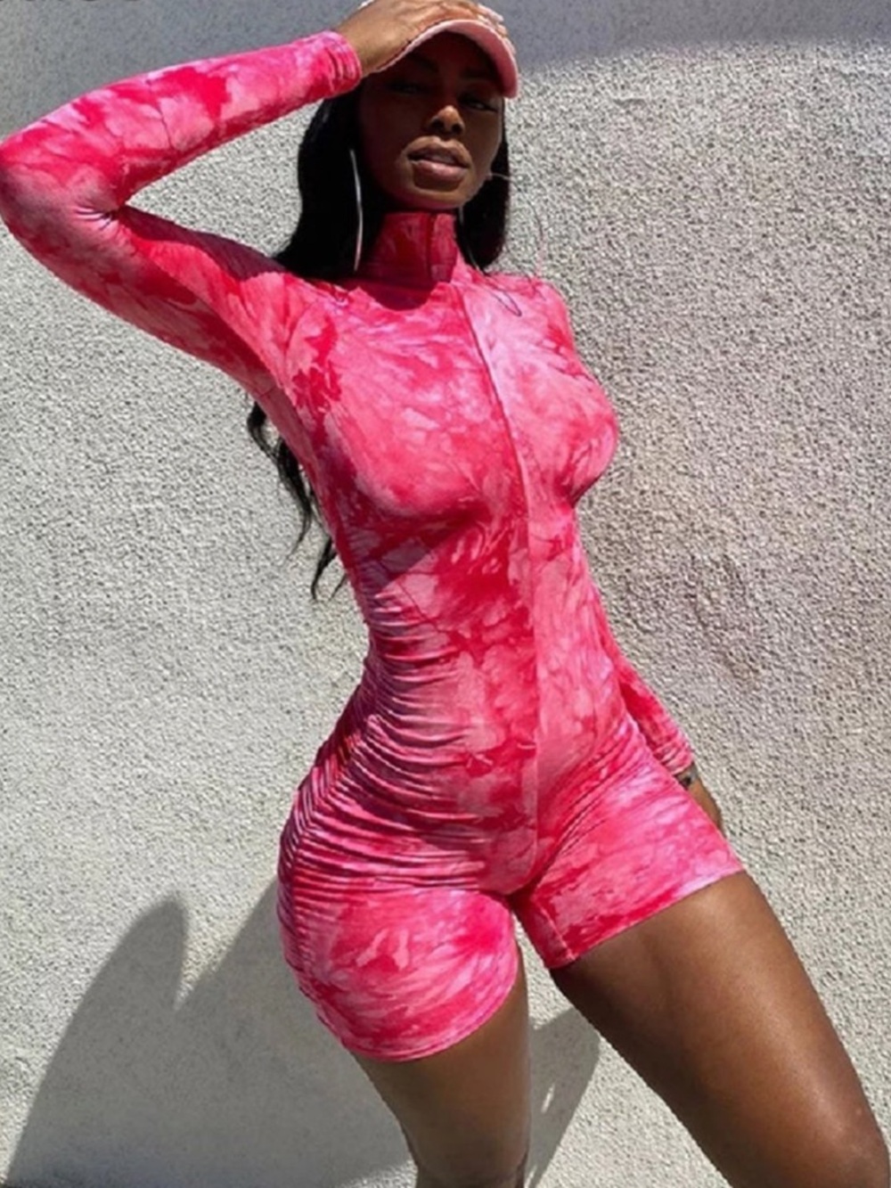 Pink Tie-Dye Fitted Long-Sleeve Romper